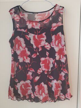 Floral 2/$32 Clientele Blue Pink Floral Mesh Sleeveless Tunic Top Dressy Size L